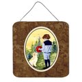 Micasa 6 x 6 in. Little Boy with his Golden Retriever Aluminium Metal Wall or Door Hanging Prints MI233526